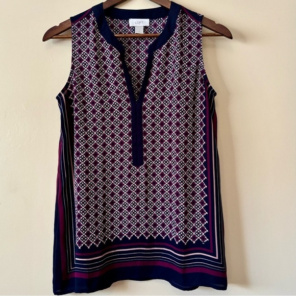 LOFT Tops - LOFT|Blue Purple White Sleeveless Tunic Side Slit Blouse w/Mandarin Collar Sz XS